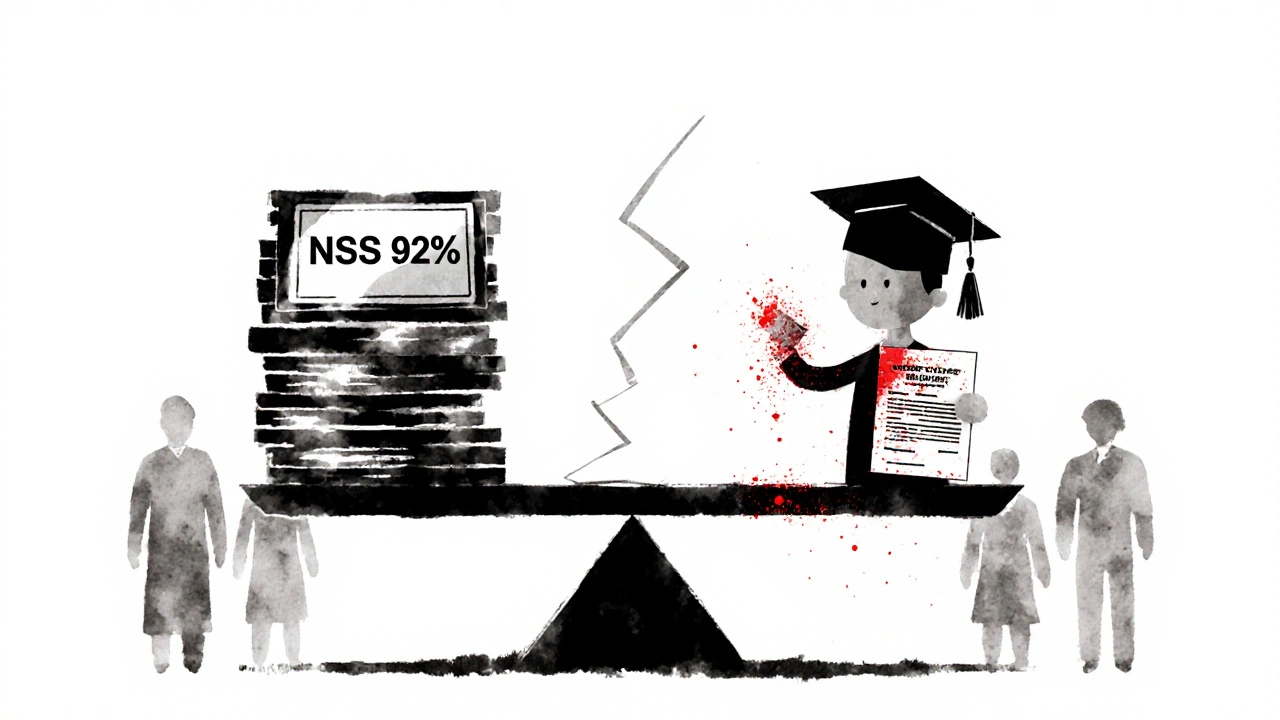 A broken scale weighing NSS rankings against real graduate outcomes, with unseen students fading away.