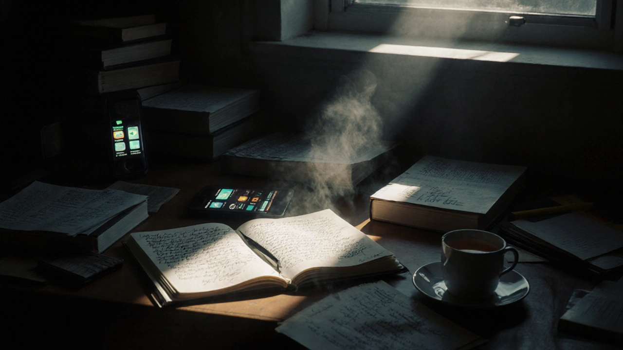 A cluttered desk with sunlight falling on a journal and tea, distractions fading into shadow.