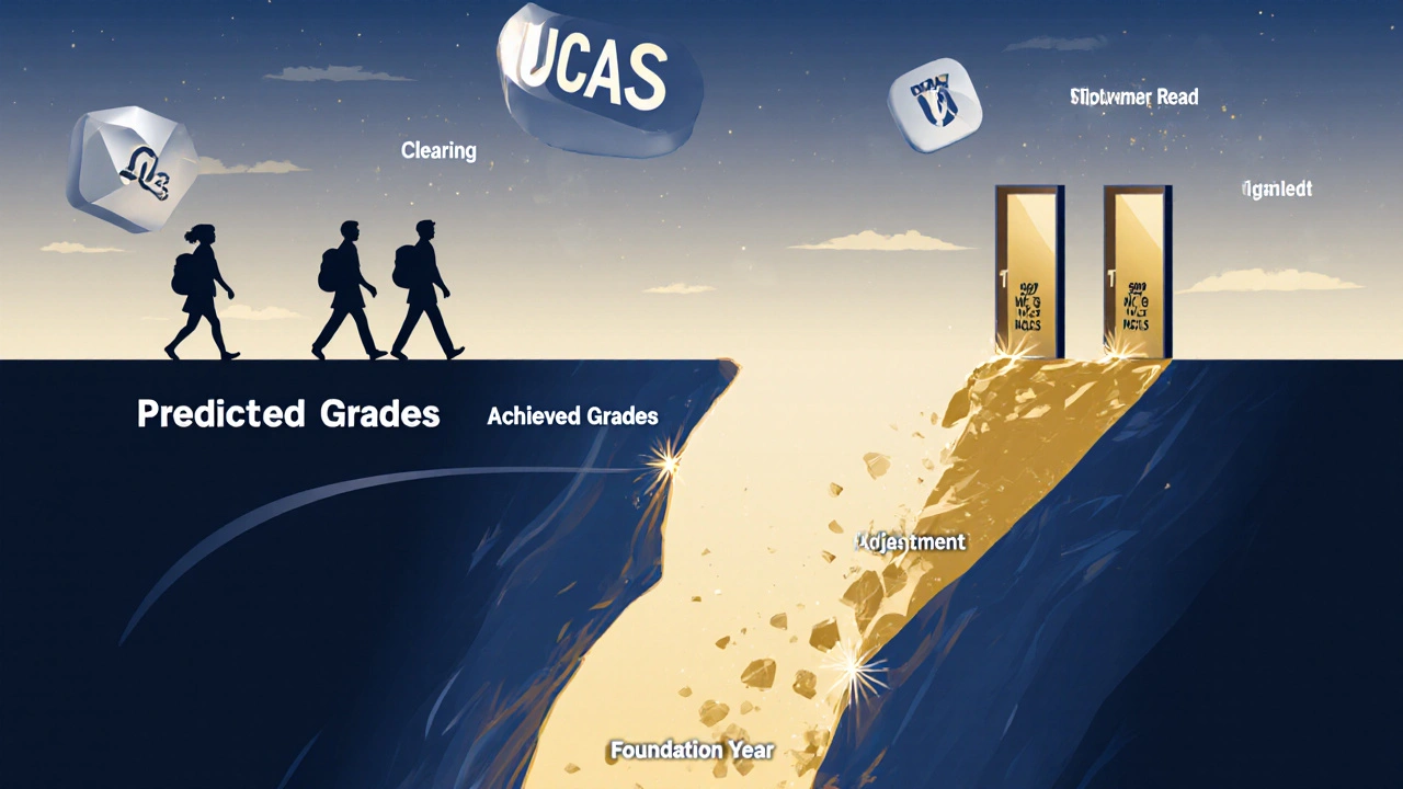 A collapsing bridge leads to three paths representing different outcomes after exam results.