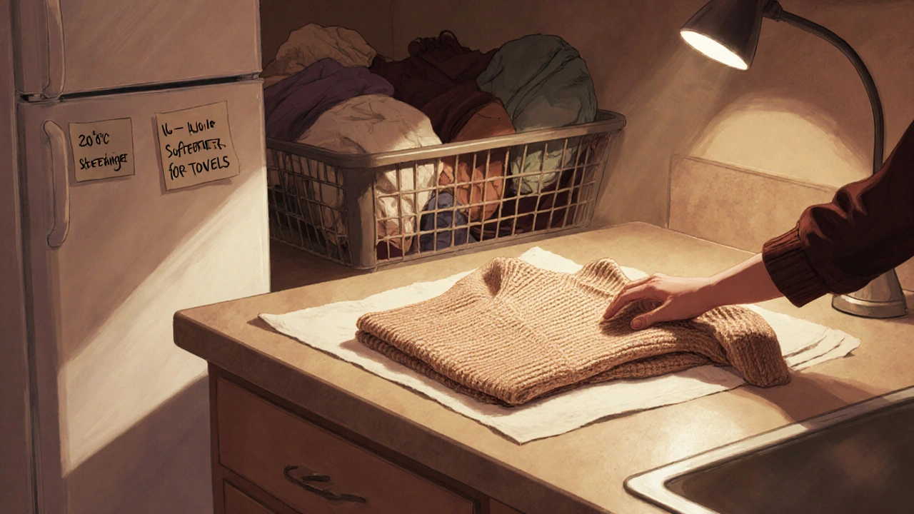 A hand laying a wool sweater flat on a towel on a kitchen counter, with a dehumidifier and sorted laundry nearby.