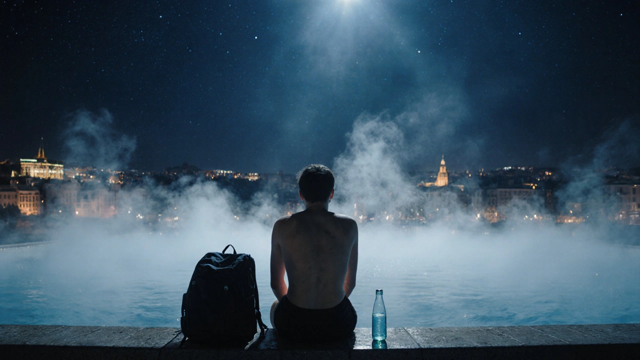 A solo traveler relaxes at a midnight thermal bath in Budapest under a starry sky.