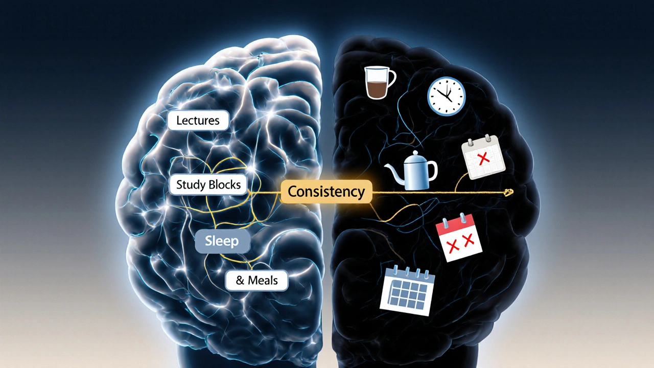 A split-brain illustration showing organized study habits on one side and exhaustion on the other, connected by a thread labeled &#039;Consistency&#039;.