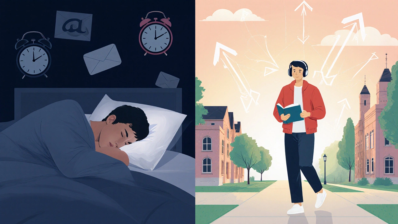 A split image showing a student transitioning from isolation to confidence on campus.