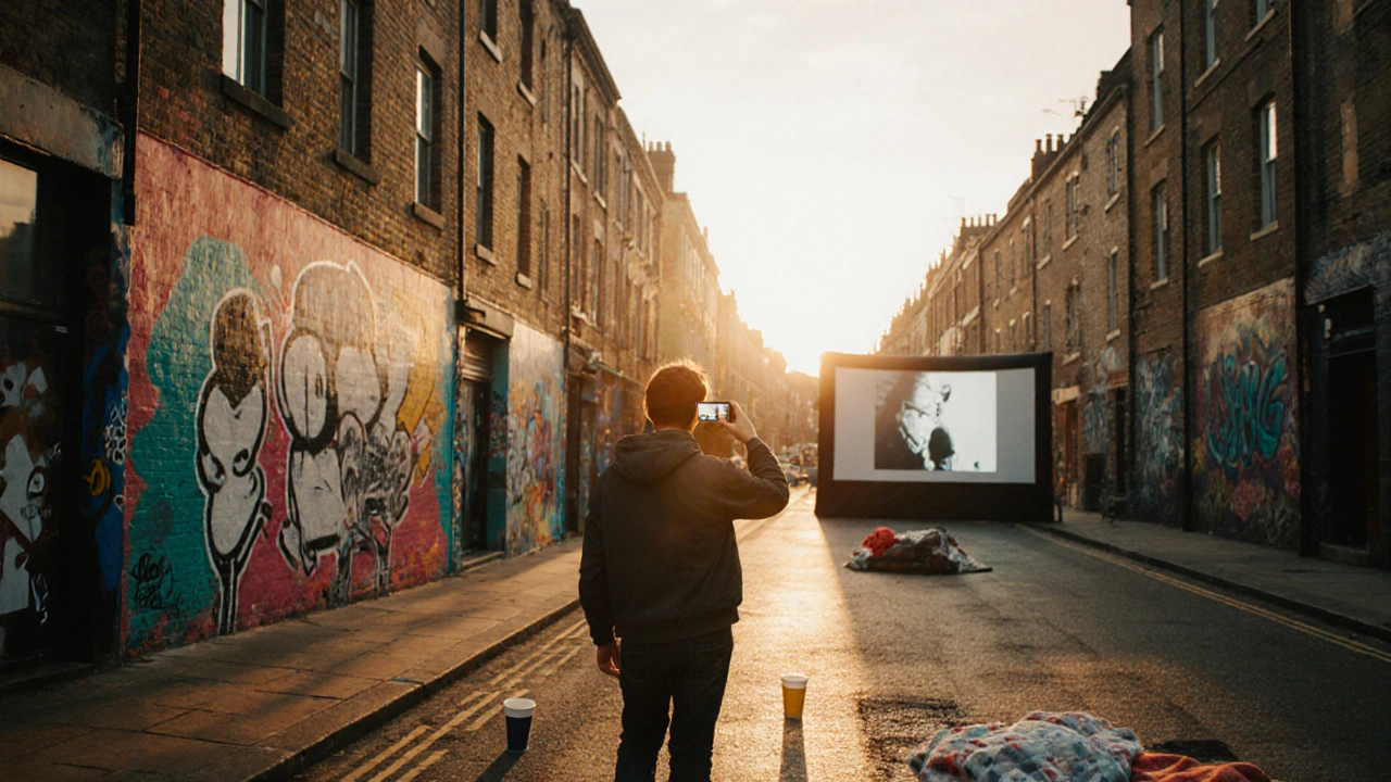 A student photographing street art in Bristol’s Stokes Croft at sunset, with a free outdoor cinema in the background.
