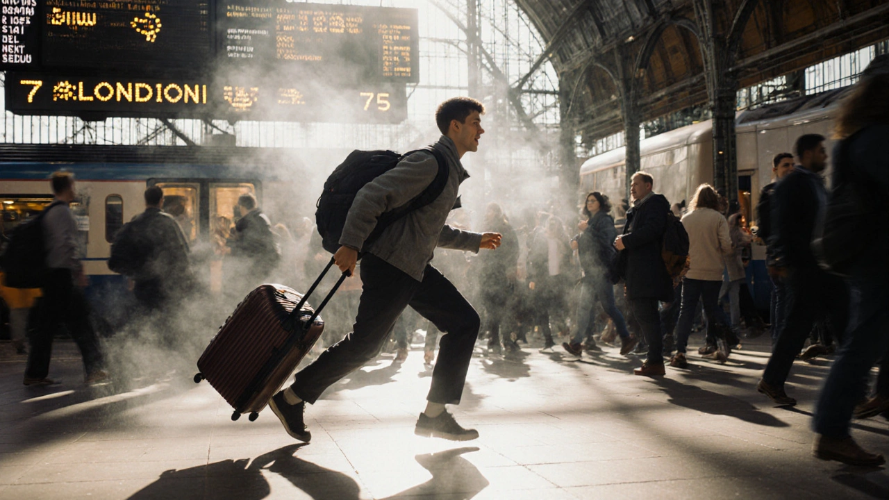 A student rushing through a busy train station with luggage, heading for a departing train.