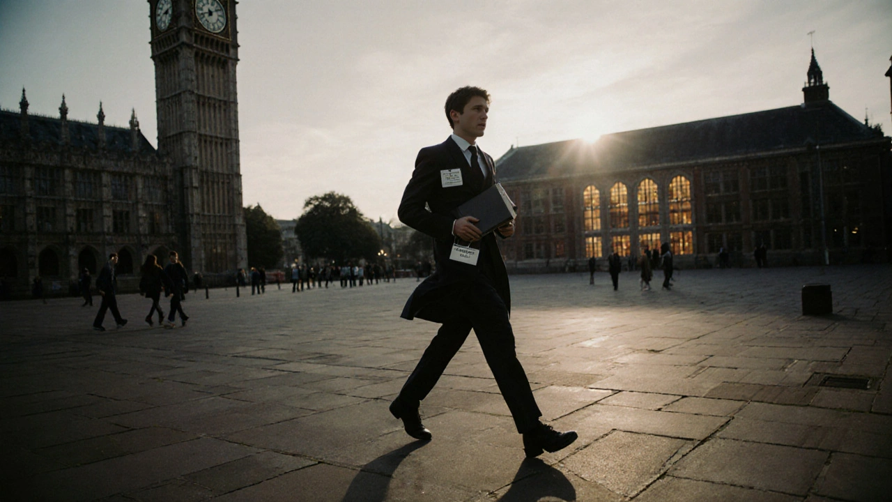 A student walking across campus at dusk, holding a textbook and work name tag, heading toward a lecture hall.