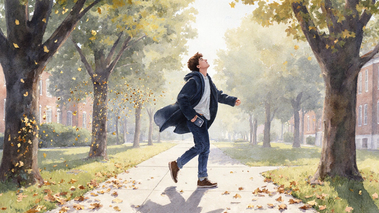 A student walking peacefully on a campus path, phone stored away, looking up at the sky.