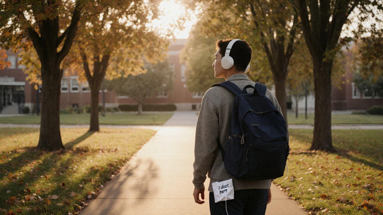 A student walking peacefully outside school, finding calm after an exam.