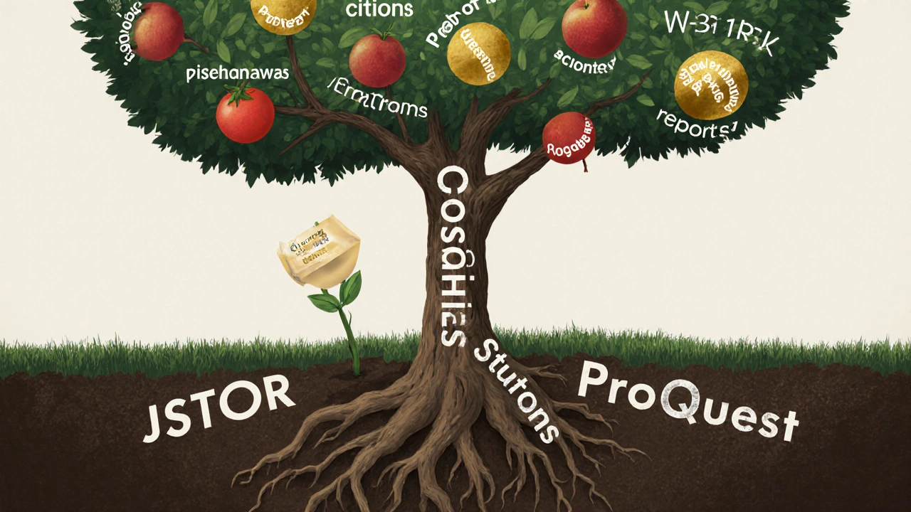 Abstract tree with research databases as roots and peer-reviewed sources as fruit