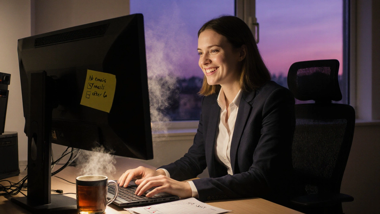 Admin closing laptop at 6 PM with a &#039;no emails after 6&#039; note, peaceful evening light through the window.