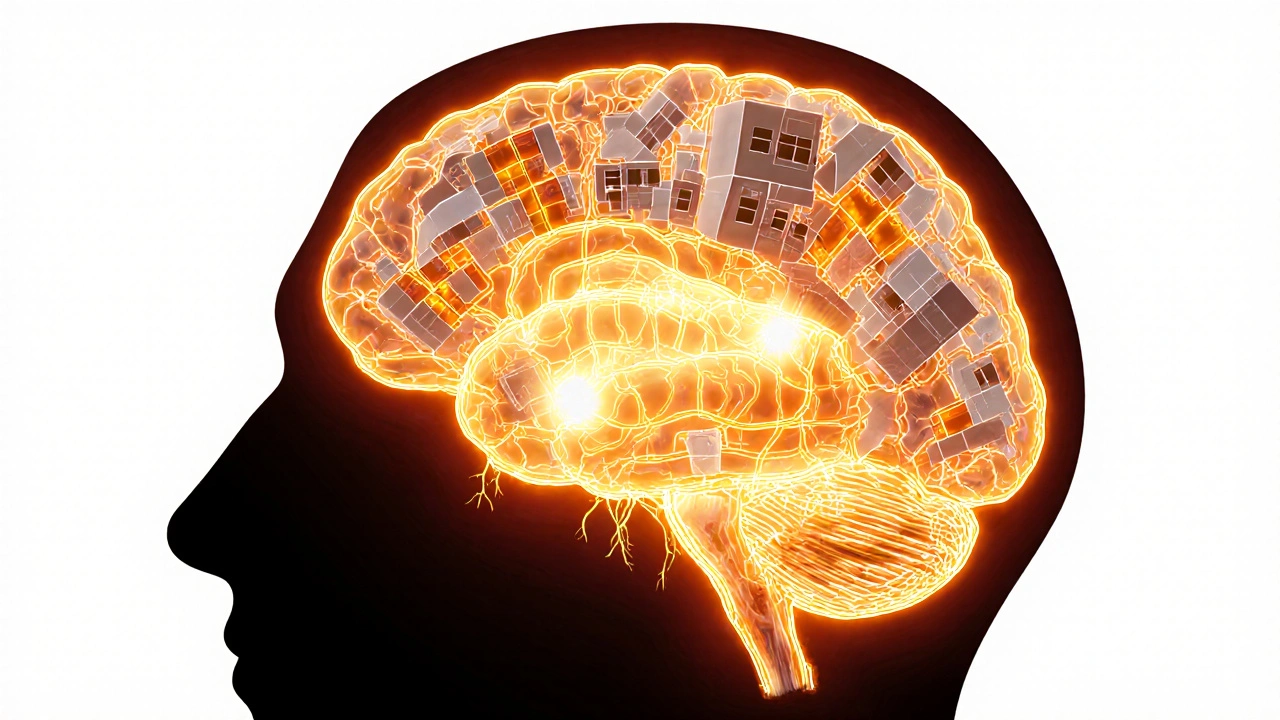 Brain with campus map overlay showing light and routine pathways glowing brightly.