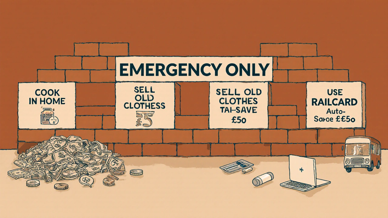 Brick wall labeled &#039;EMERGENCY ONLY&#039; built from savings habits, separating chaos from calm.