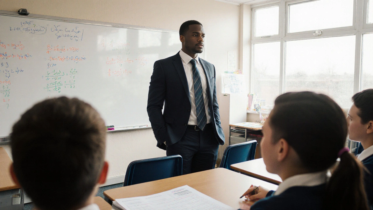 Career changer teaching a class, salary slip visible on desk, natural classroom lighting.