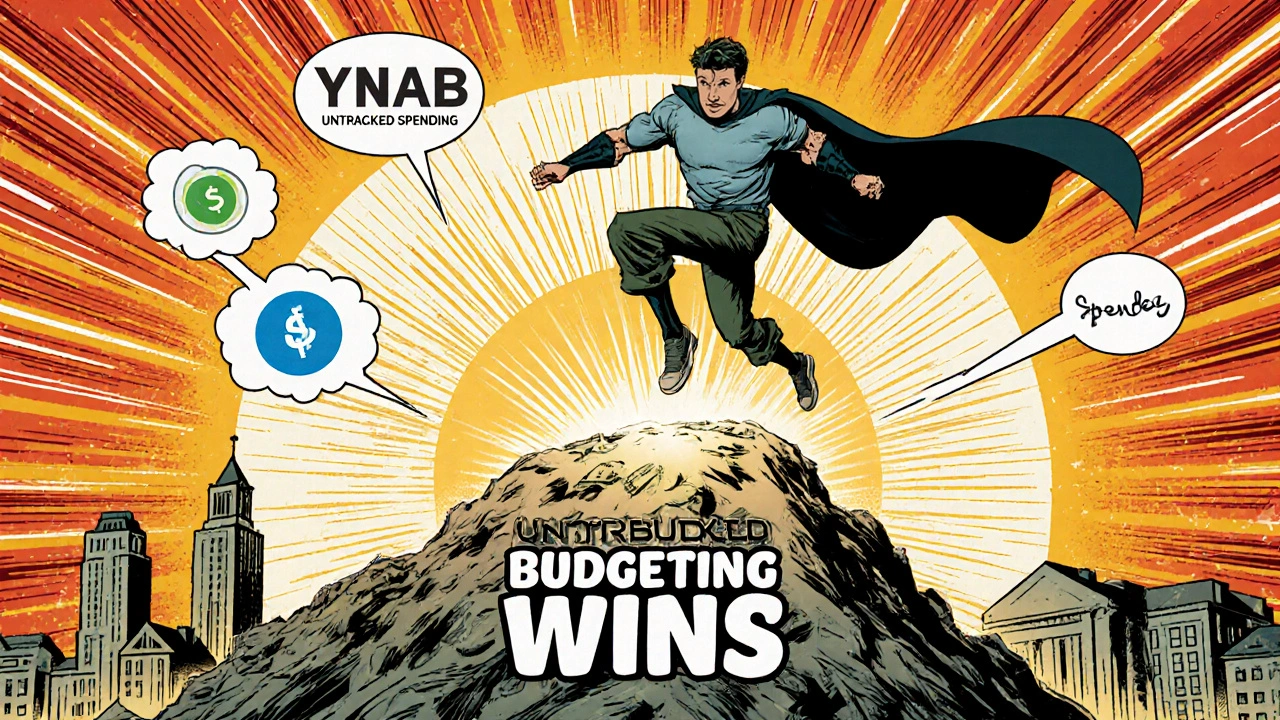 Comic book-style student hero overcoming cash mountain with budgeting apps as allies