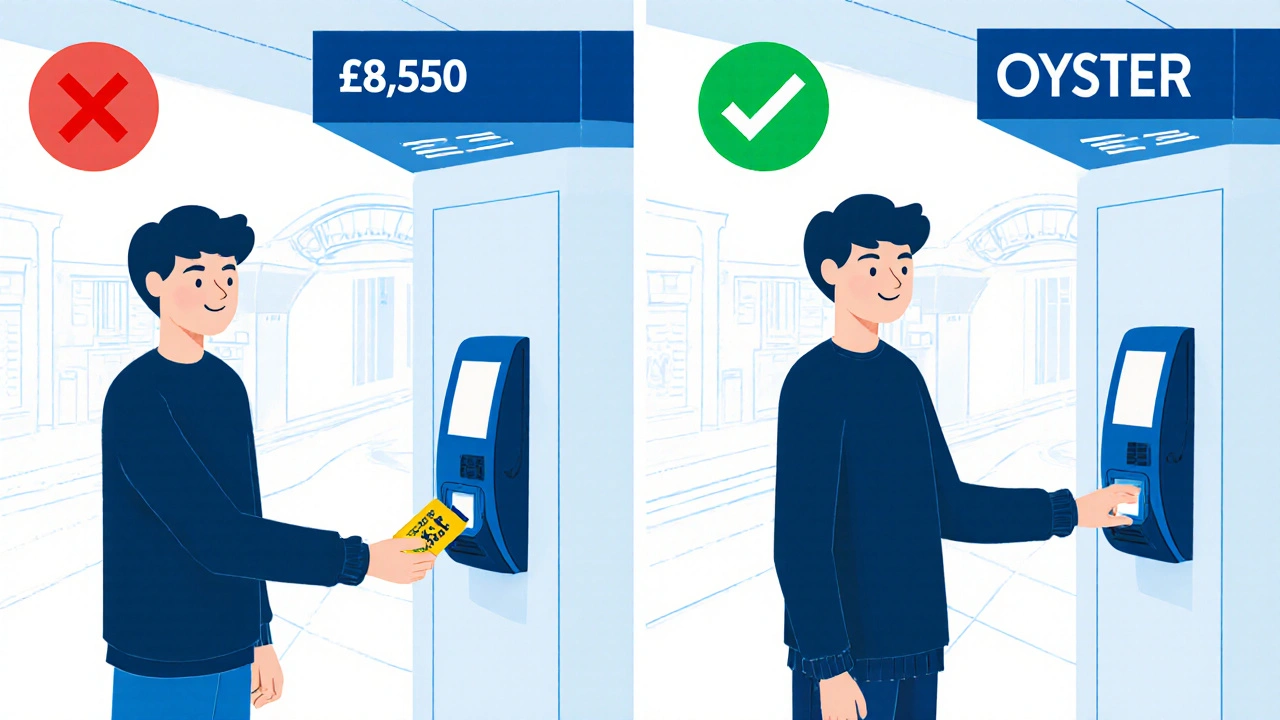 Comparison of contactless payment vs Oyster card fares at London transport reader.