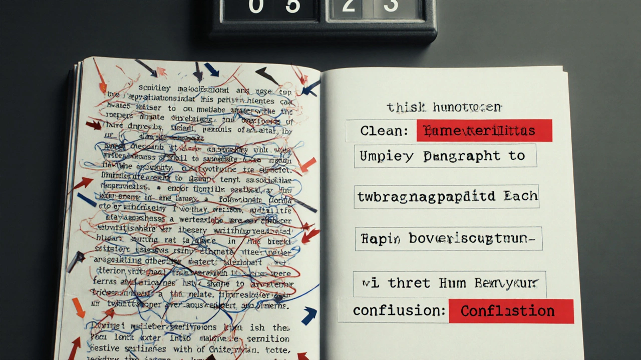 Contrast between a messy, disorganized essay draft and a clear, structured one under timed conditions.