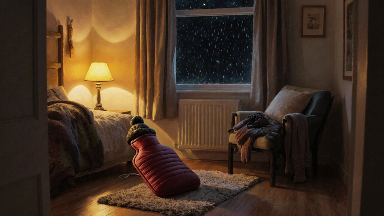 Cozy student bedroom with electric blanket, hot water bottle, and thermal curtains at night