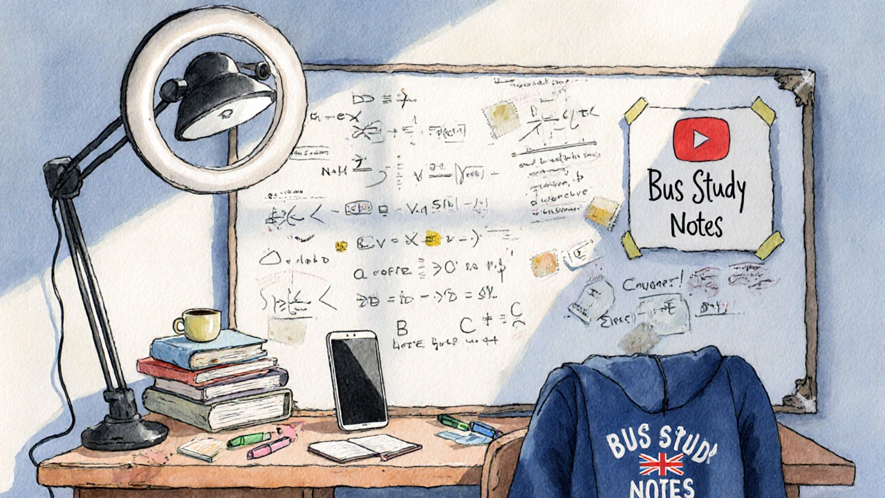 Cozy student dorm room turned YouTube studio with phone on books, whiteboard notes, and natural light.