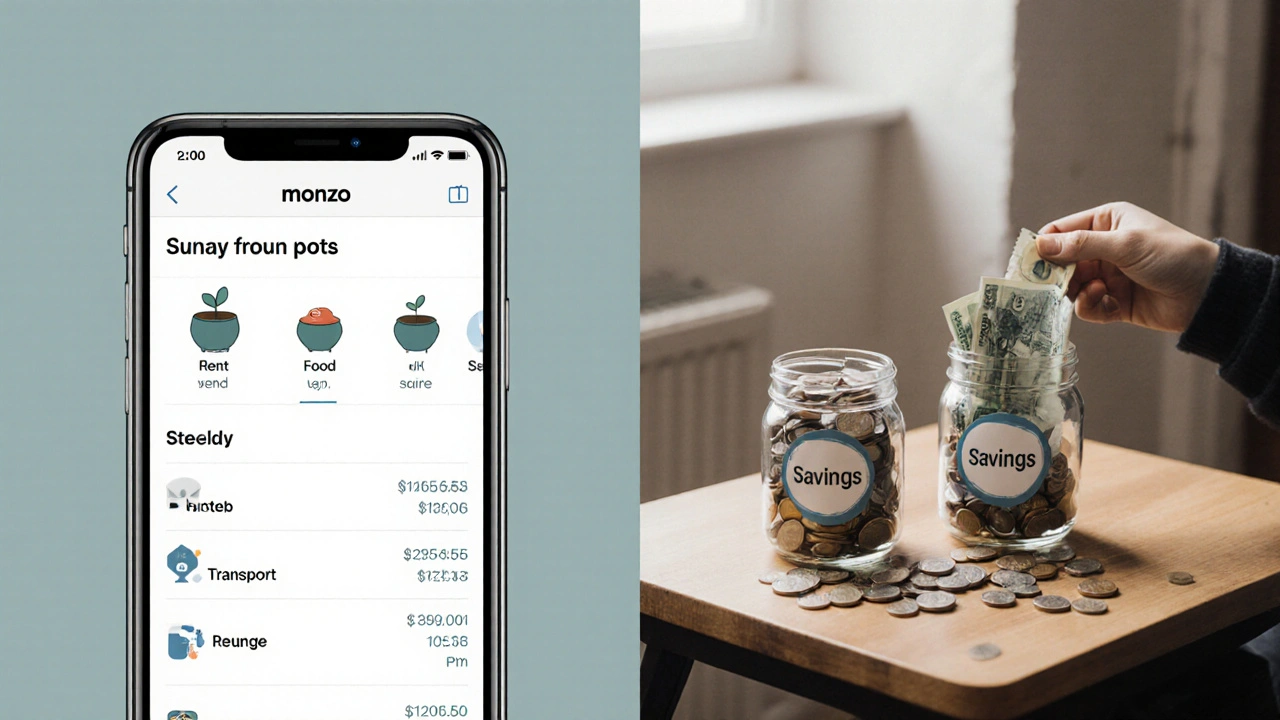 Digital Monzo app pots and physical money jars showing budget allocations side by side.