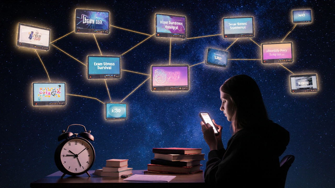 Floating YouTube video thumbnails above a student’s desk, connected by golden threads in a surreal night scene.