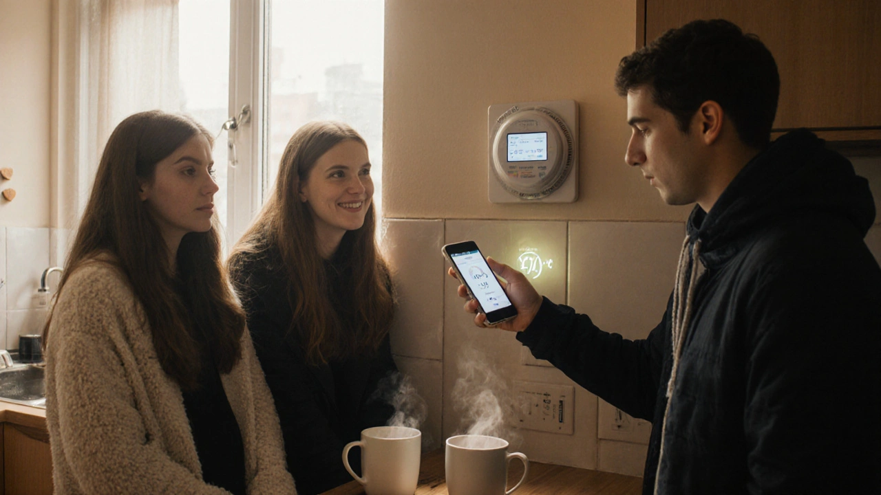 Four students in a kitchen celebrating a lower energy bill shown on a smartphone screen.