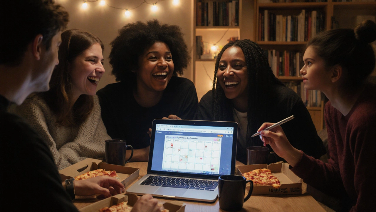 Group of students laughing in a flat, watching a society event calendar on a laptop, with pizza boxes and branded pens nearby.