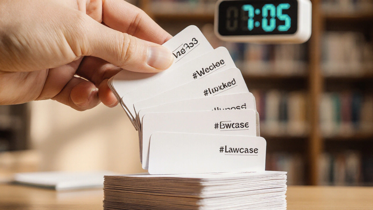 Hand flipping tagged flashcards in morning light, symbolizing consistent study habits.
