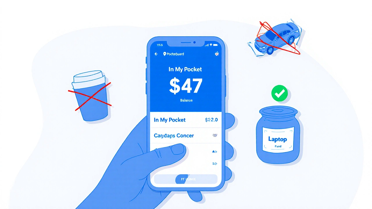 Hand tapping smartphone showing  remaining budget with canceled spending icons