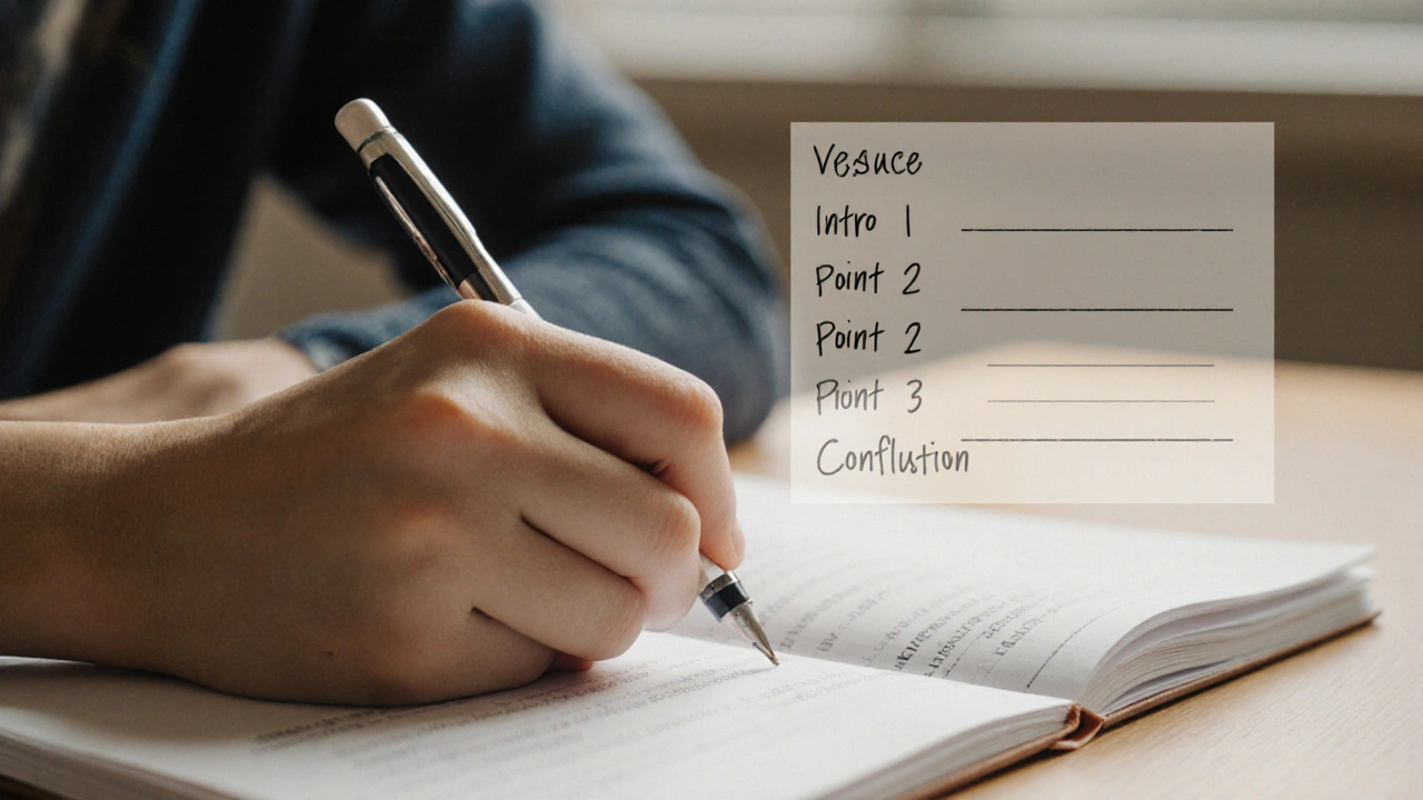 Hand writing an exam essay with a faint structural guide visible behind the text, conveying calm focus.