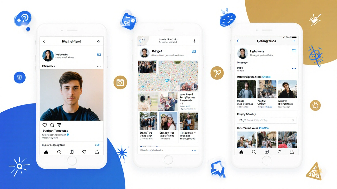 Instagram profile evolving into a digital CV with themed highlights and engagement metrics floating around.