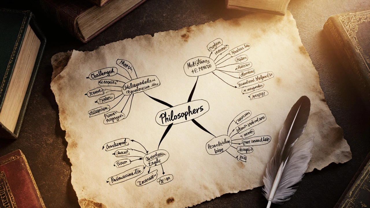 Mind map connecting philosophers with arrows, symbolizing critical analysis in humanities
