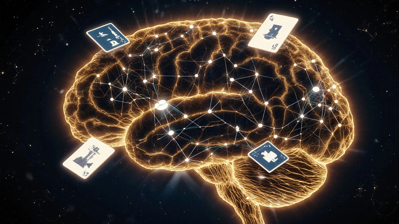 Neural pathways glowing with Anki cards representing spaced repetition and memory retention.