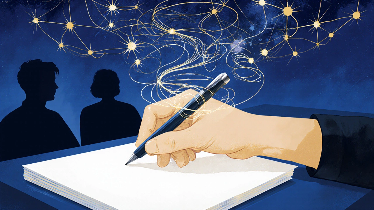 Pen hovering over paper as ideas form a glowing web of academic clarity.