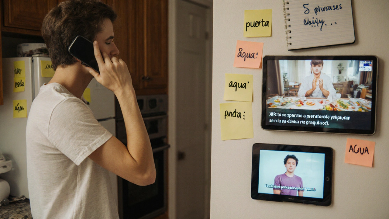 Person speaking into phone with language notes on fridge and subtitles on tablet