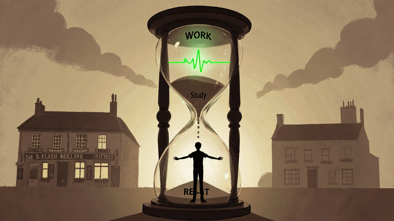 Person standing at center of glowing hourglass divided into work, study, and rest, with campus silhouettes behind.