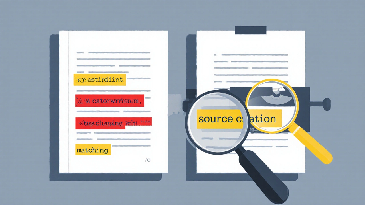 Side-by-side comparison of a journal article and student essay with overlapping highlighted text sections.