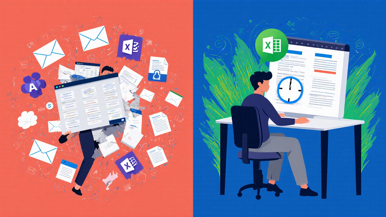 Split illustration showing administrative burnout versus focused batch processing with clean workflows.