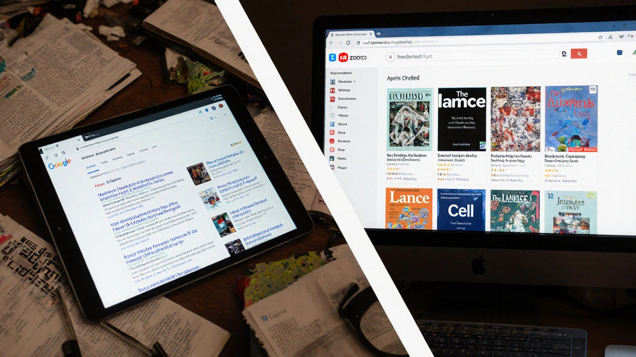 Split-screen comparison: chaotic Google results vs organized academic databases