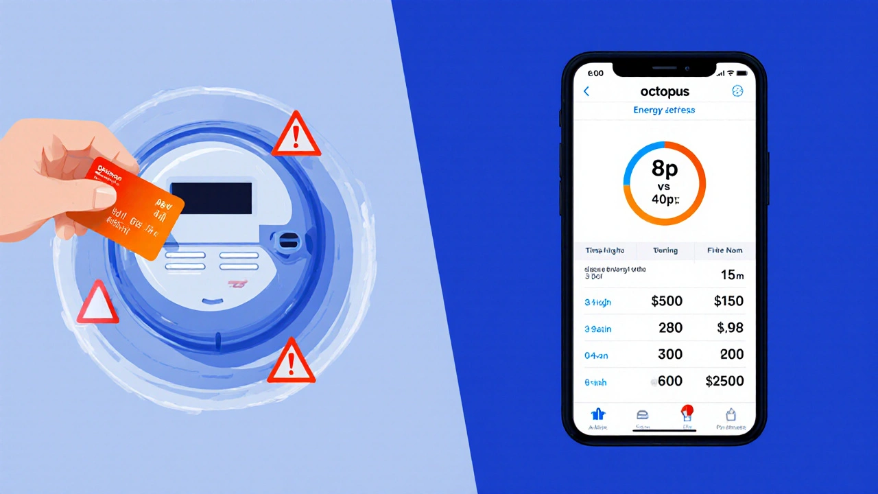 Split-screen comparison of prepayment meter and time-of-use energy tariff on phone