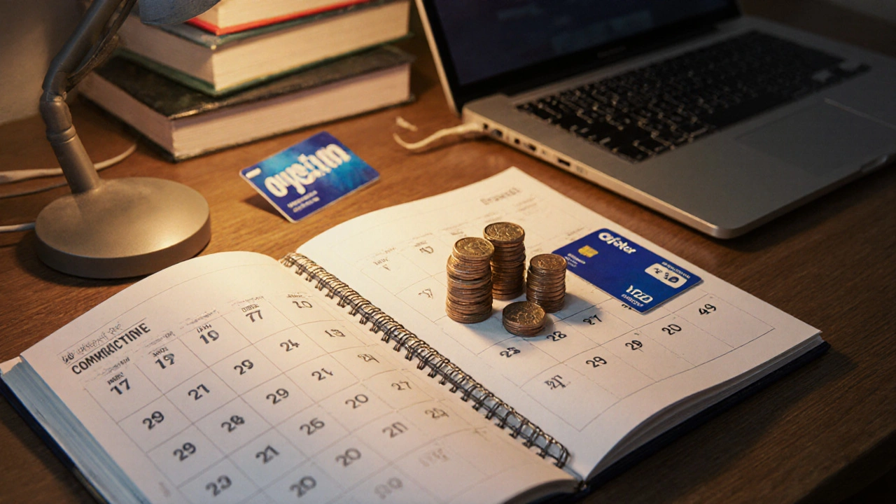 Stack of savings coins next to Oyster card and textbooks on a dorm desk.