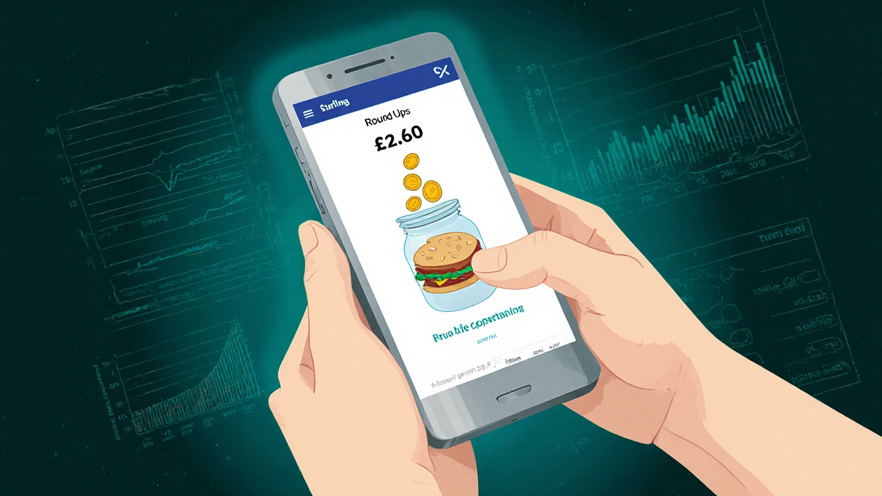 Starling app showing round-up savings feature with coins flowing into a digital jar.