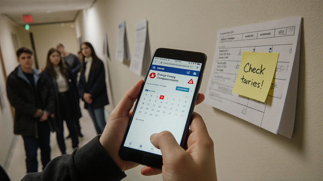 Student checking energy comparison website in university hallway with bills in background