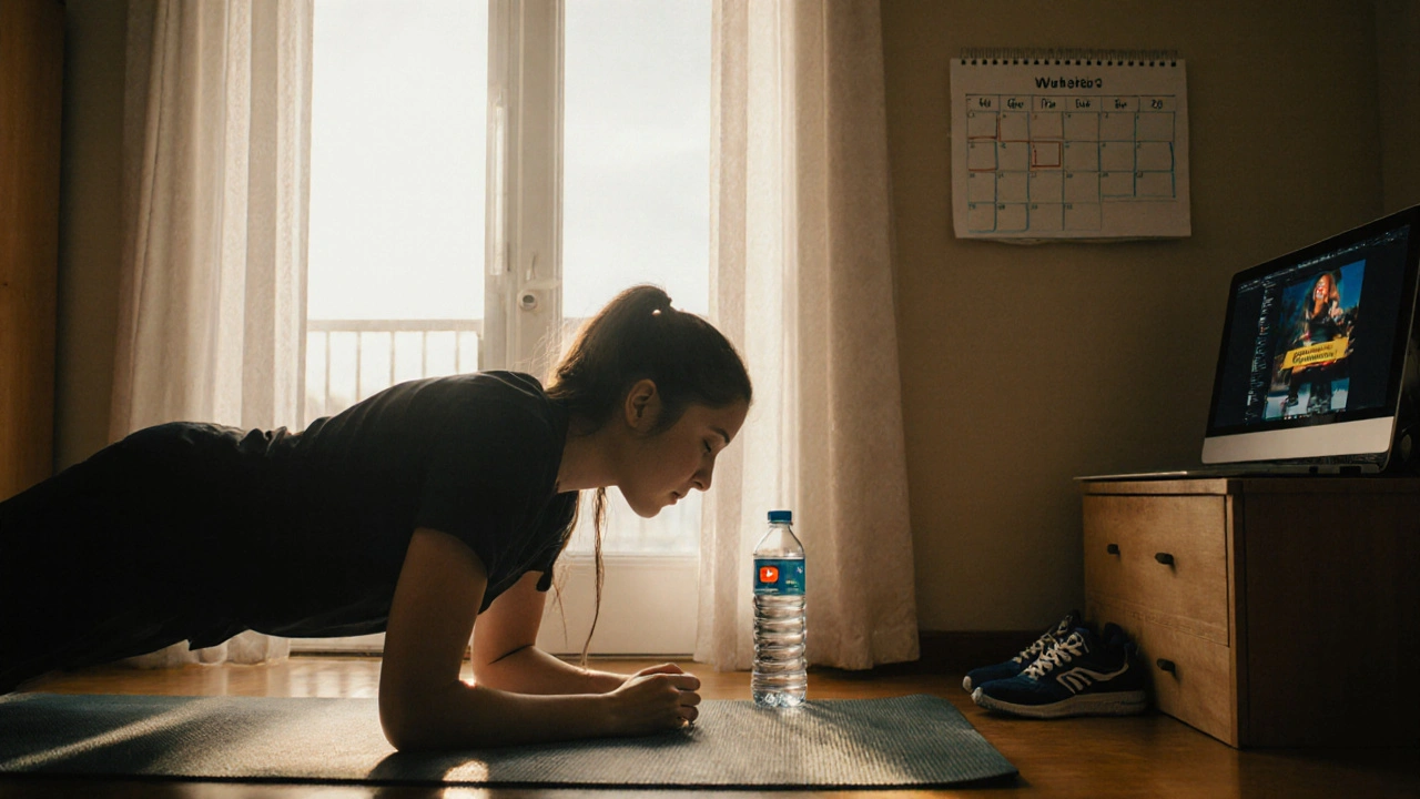 Student doing push-ups in dorm room at dawn with YouTube workout on laptop