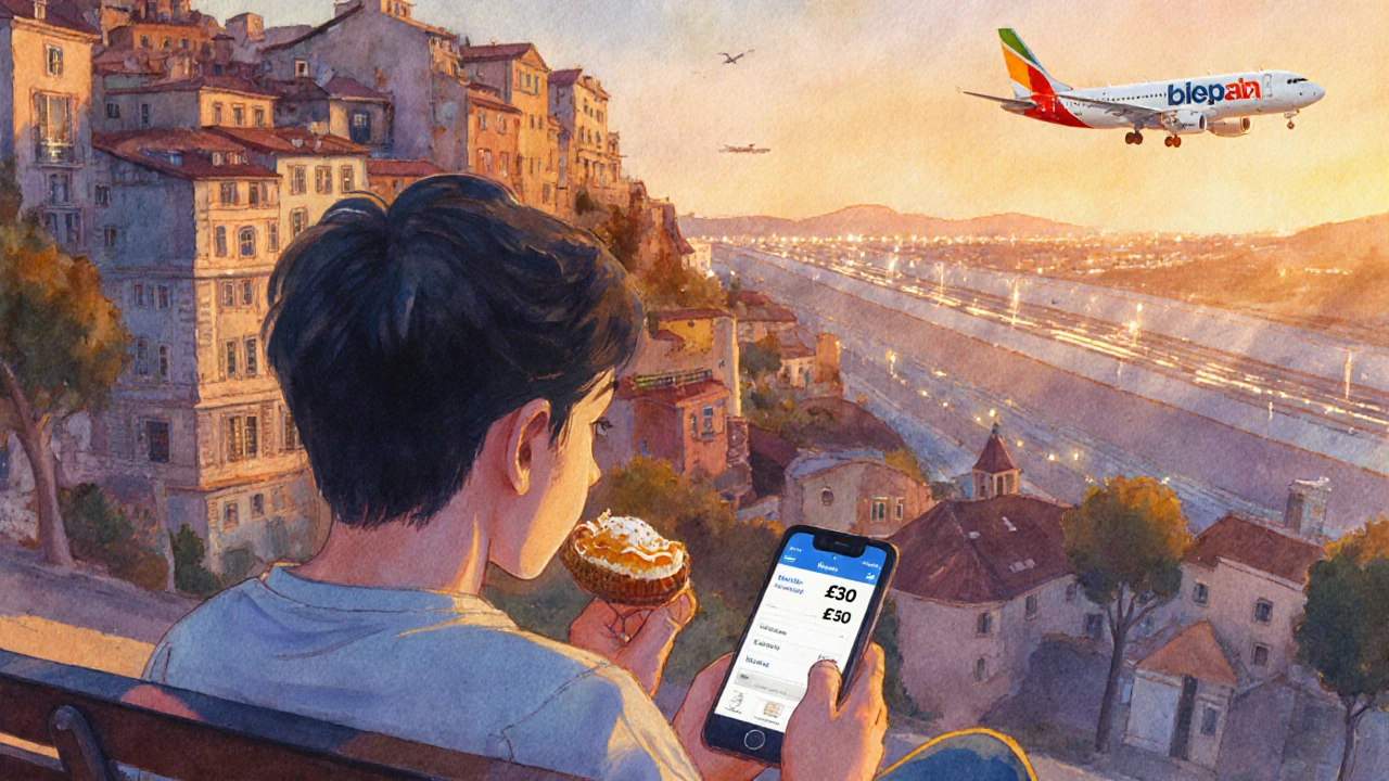 Student enjoying a pastry in Lisbon at sunset, with a distant airport visible in the sky.