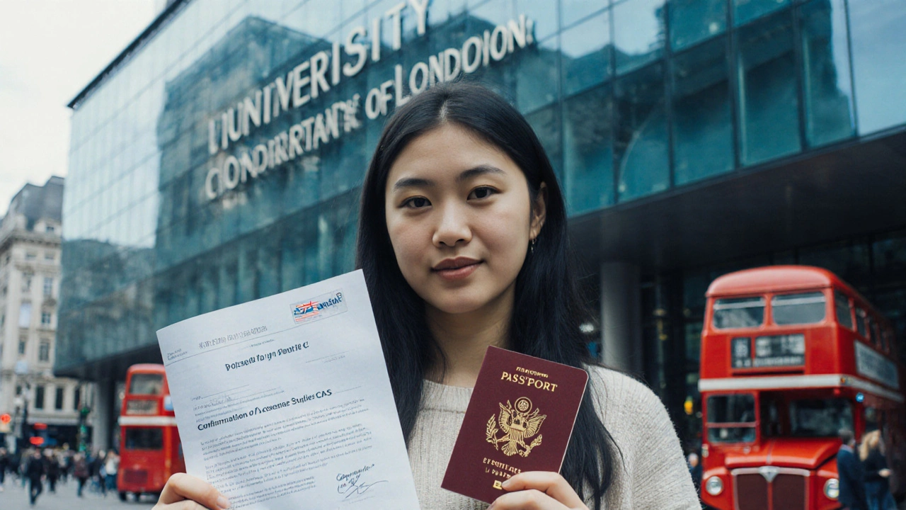 Student holding CAS and passport with UK visa sticker in front of a university building.
