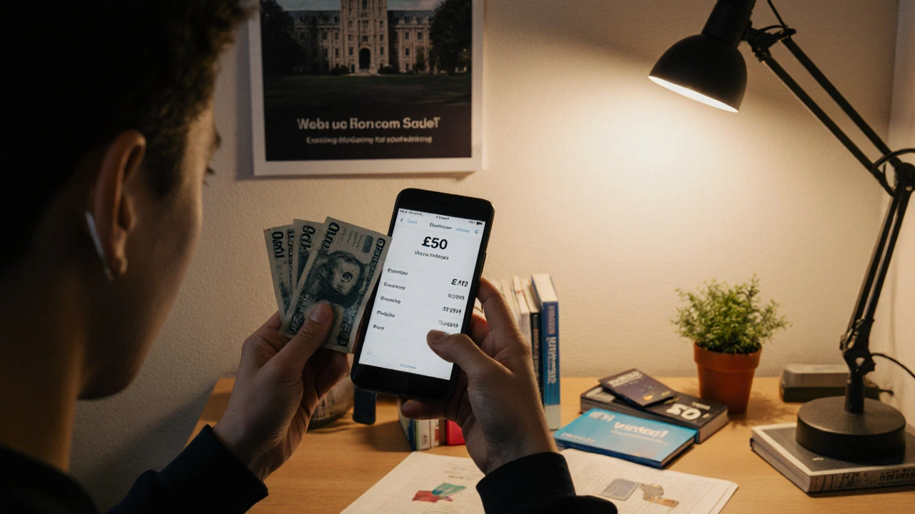 Student holding £50 note beside phone showing £512 savings with Vinted sales and Railcard nearby.