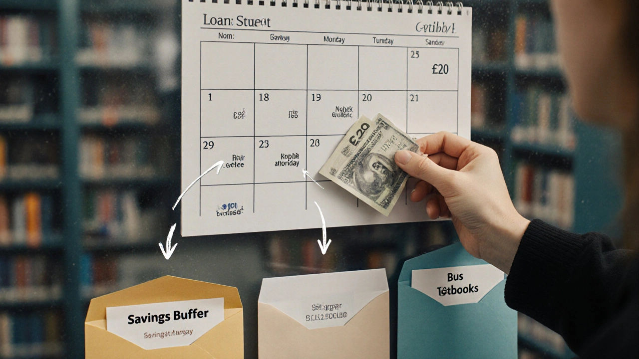 Student placing money into a savings envelope beside labeled budget envelopes on a wall calendar.