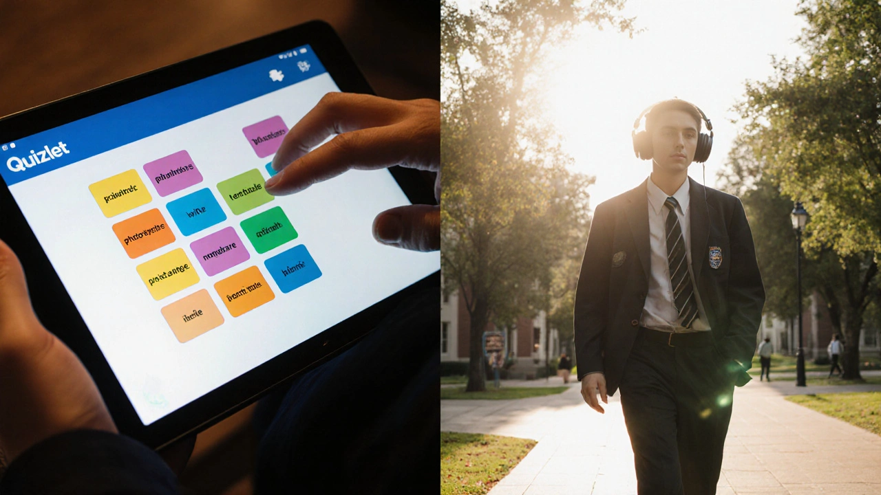 Student playing Quizlet Match game on tablet while walking to class with headphones