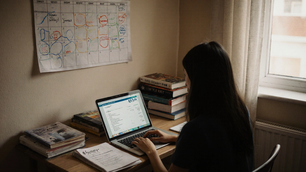 Student preparing for UK arrival with bank statement, visa documents, and checklist on table.