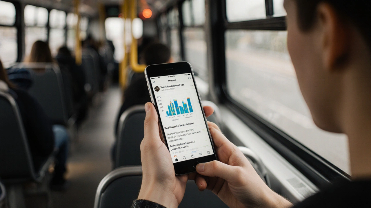 Student scrolling Instagram on a bus, screen displaying a stats study tip Reel with chart overlay.